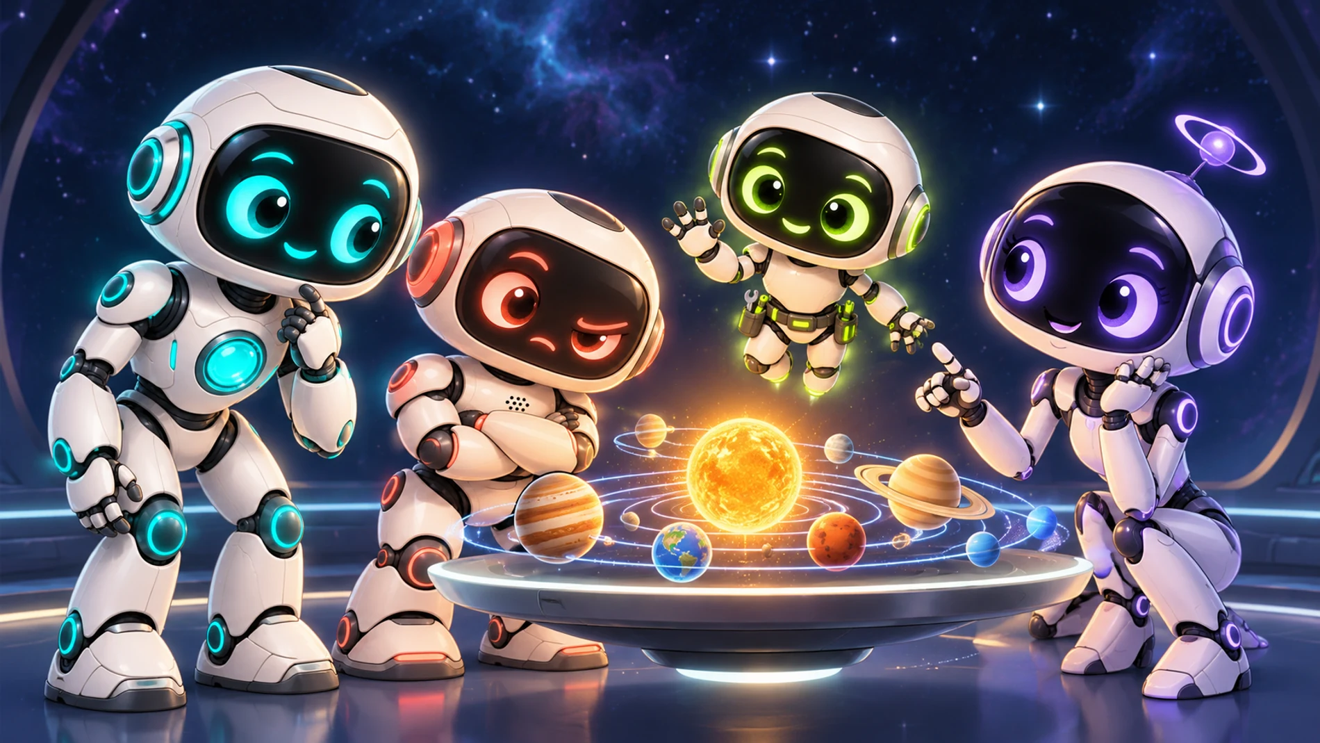 DOT, BEEP, PIXEL and ORBIT, four friendly robots studying a glowing model of the solar system